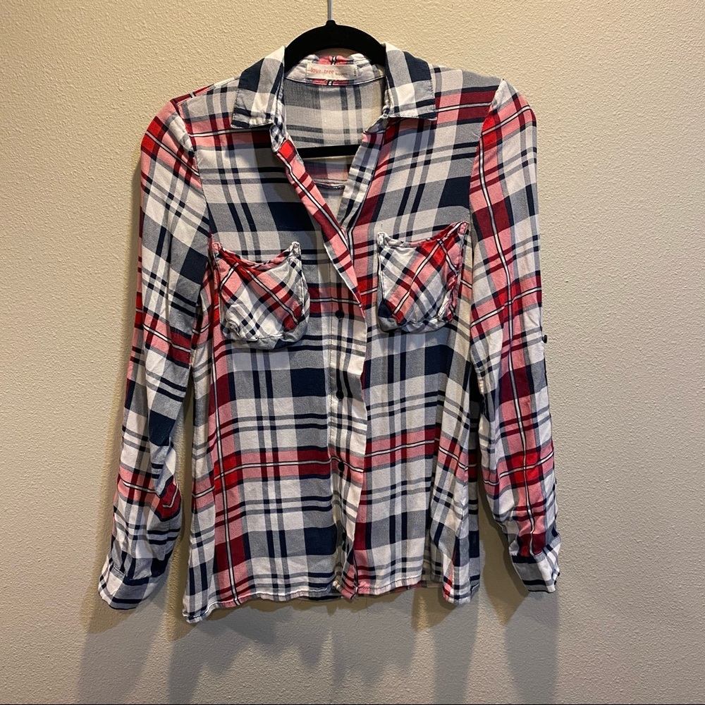 Red, black, and white button up plaid shirt